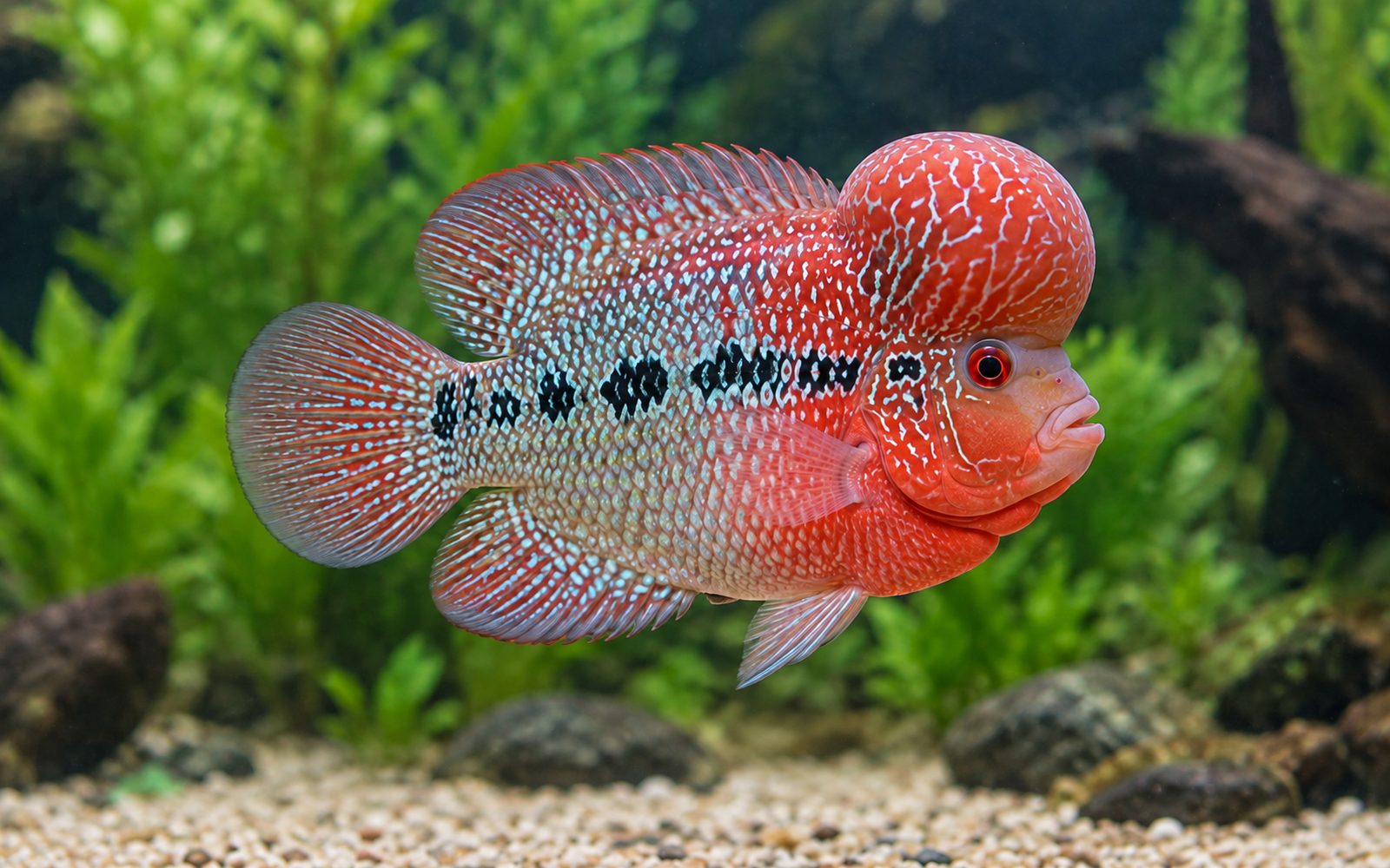 Flowerhorn (Hibrit (Amphilophus trimaculatus, Vieja melanura ve diğer Orta Amerika çiklitleri))